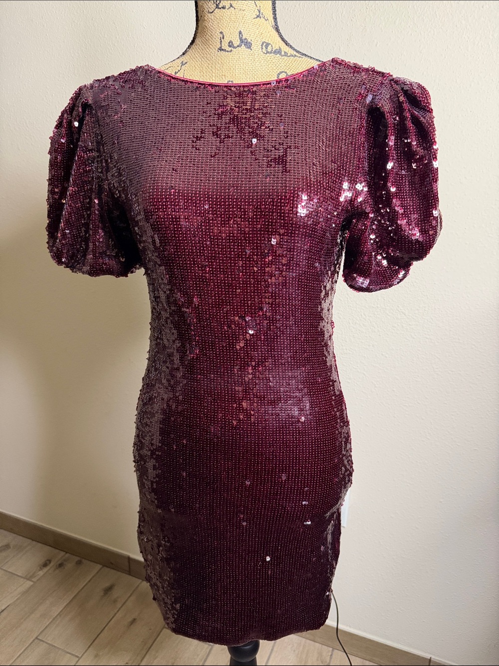 Burgundy Sequin Mini Dress Puff Sleeve Party Cocktail Holiday Glam ⭐️